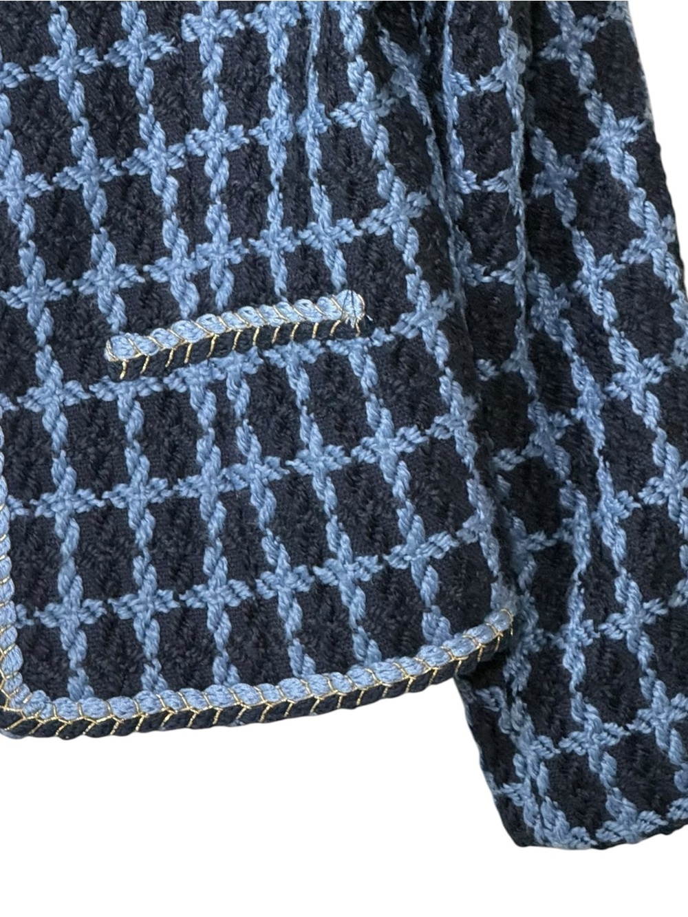 Nanette Lepore Windowpane Blue Tweed Bouclé Jacket Gold Buttons Medium - Picture 4 of 10